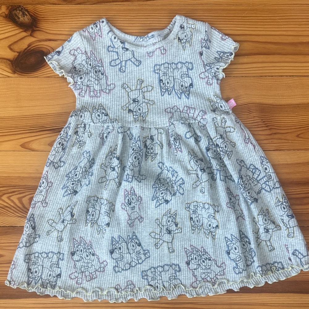 Adorable Bluey Bingo Gray Kids Dress with scallop edges EUC Girls Size 3T